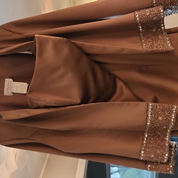 Ambiance 18 Latte 2 Piece, Strapless Satin Dress And Jacket With Beaded Trim - Picture 2 of 4